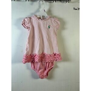 Ralph Lauren Dress Set Baby Girl 3M Pink Stripe Ruffle Excellent Pony Logo